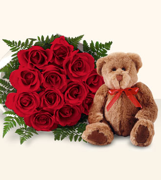 1 Dozen Red Roses with Bear